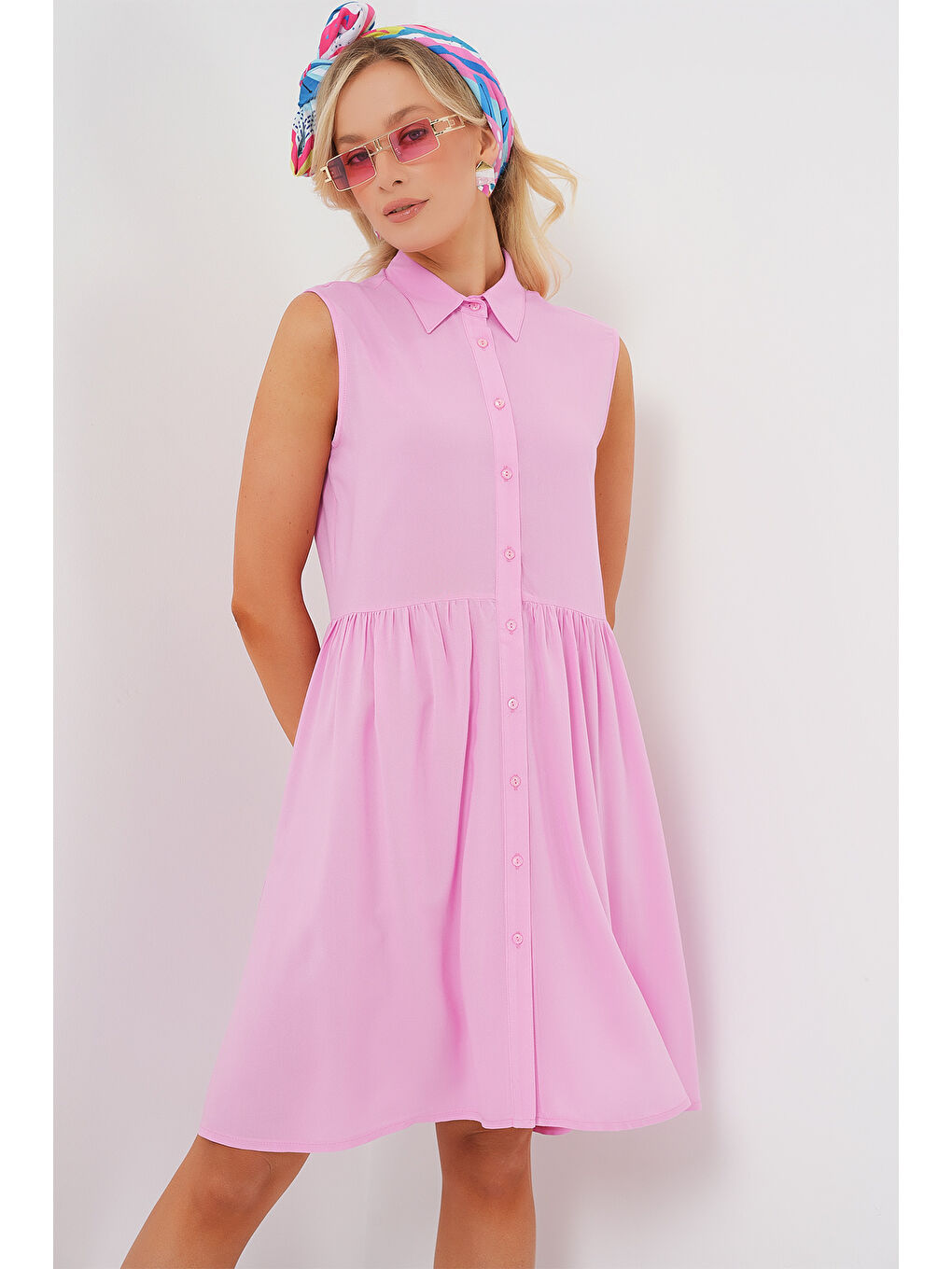 Kadın Sıfır Kol Midi Elbise 2563 - Pembe-3