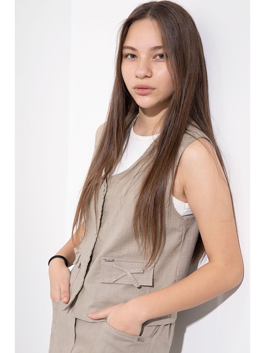 Bej Cepli Keten Yelekli Yüksek Bel Pantolonlu Kız Çocuk Alt Üst Takım 23546-1