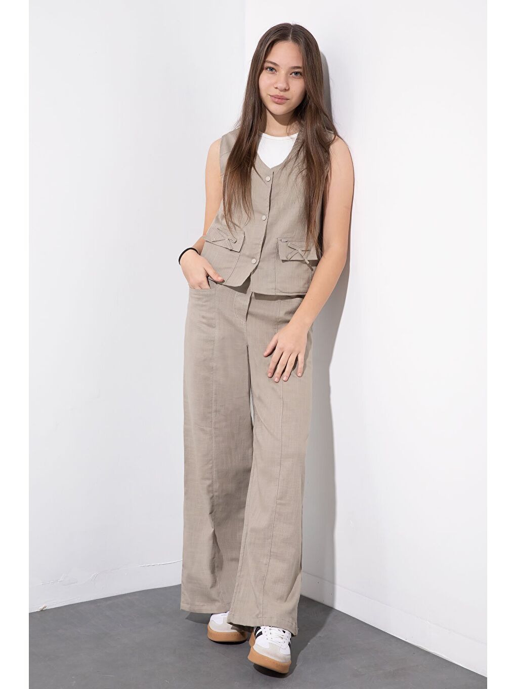 Bej Cepli Keten Yelekli Yüksek Bel Pantolonlu Kız Çocuk Alt Üst Takım 23546-2