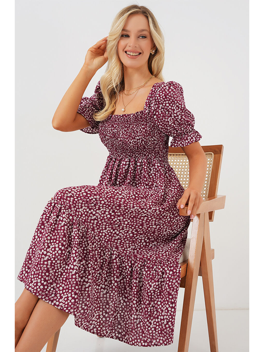 Kadın Kısa Kol Çiçekli Elbise 2556 - Bordo-1