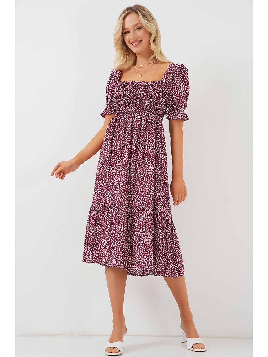 Kadın Kısa Kol Çiçekli Elbise 2556 - Bordo-2