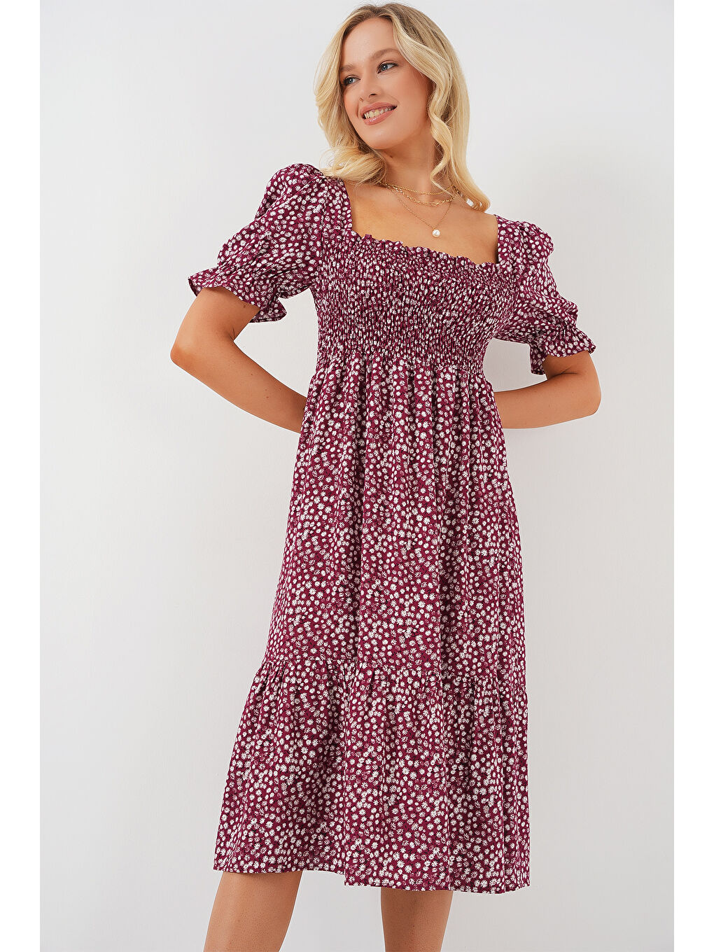 Kadın Kısa Kol Çiçekli Elbise 2556 - Bordo-3