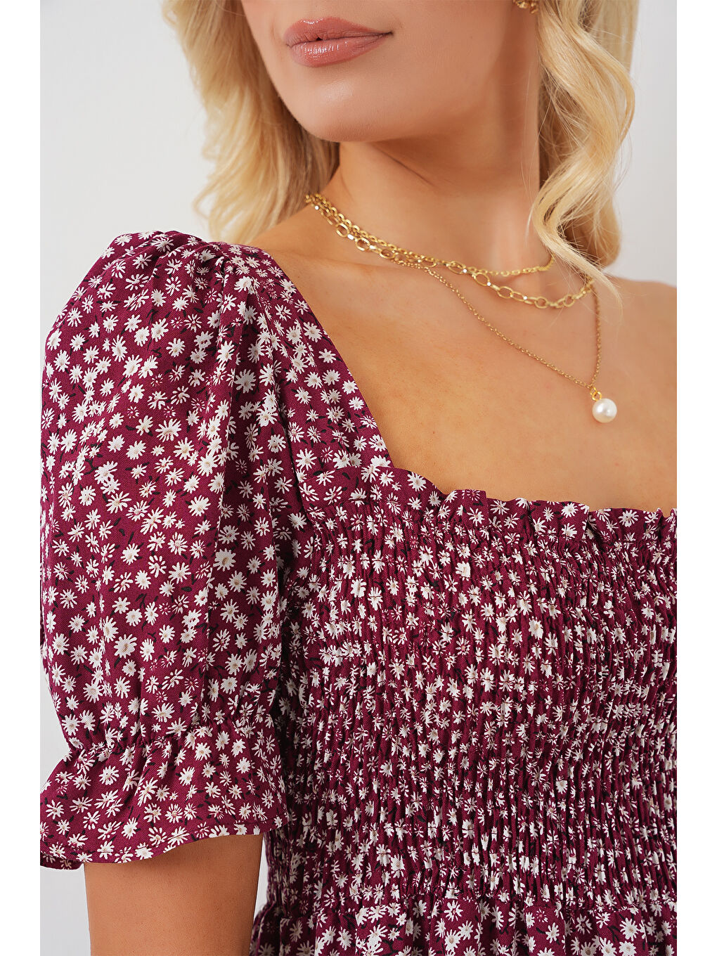 Kadın Kısa Kol Çiçekli Elbise 2556 - Bordo-4