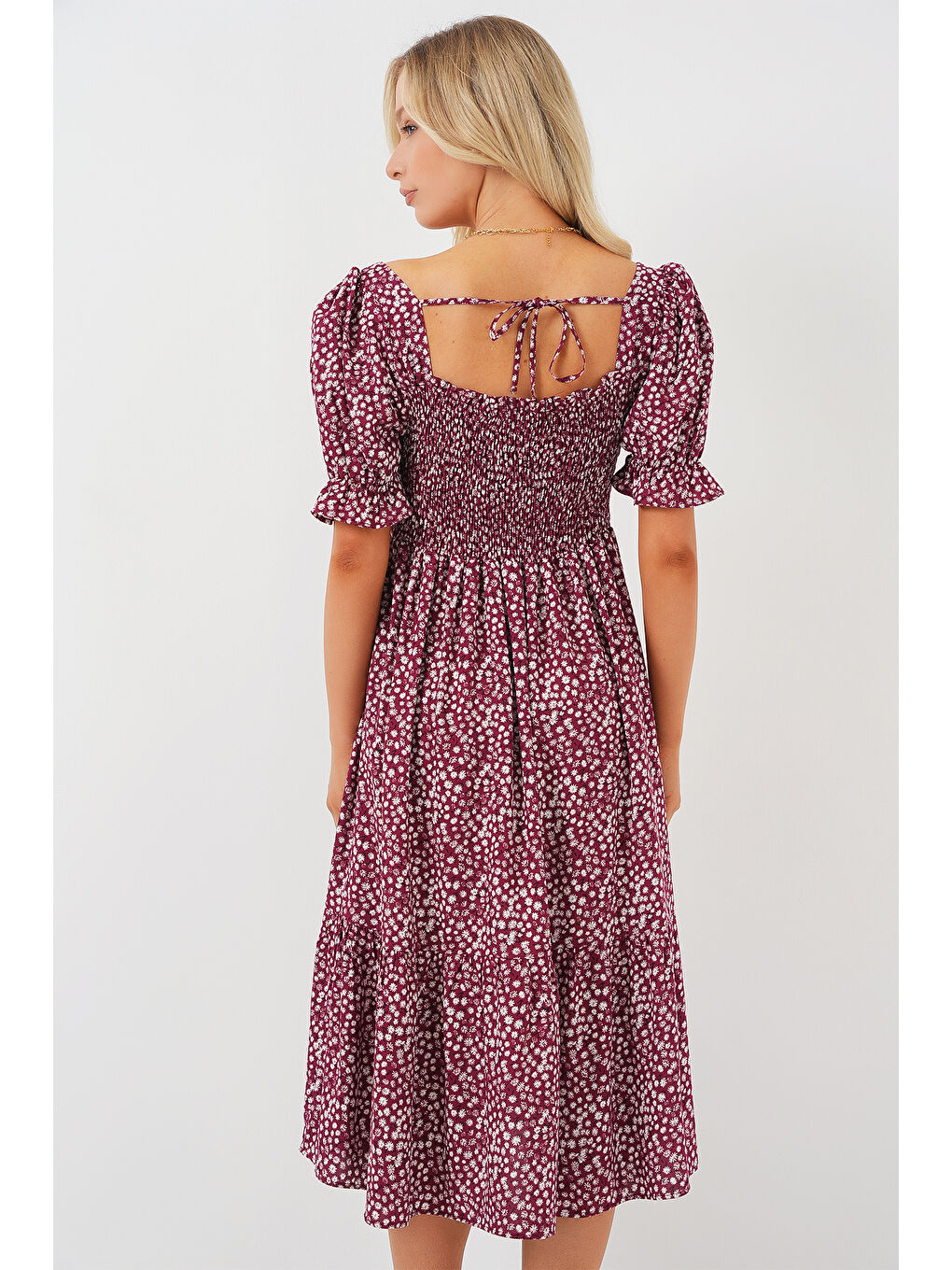 Kadın Kısa Kol Çiçekli Elbise 2556 - Bordo-5
