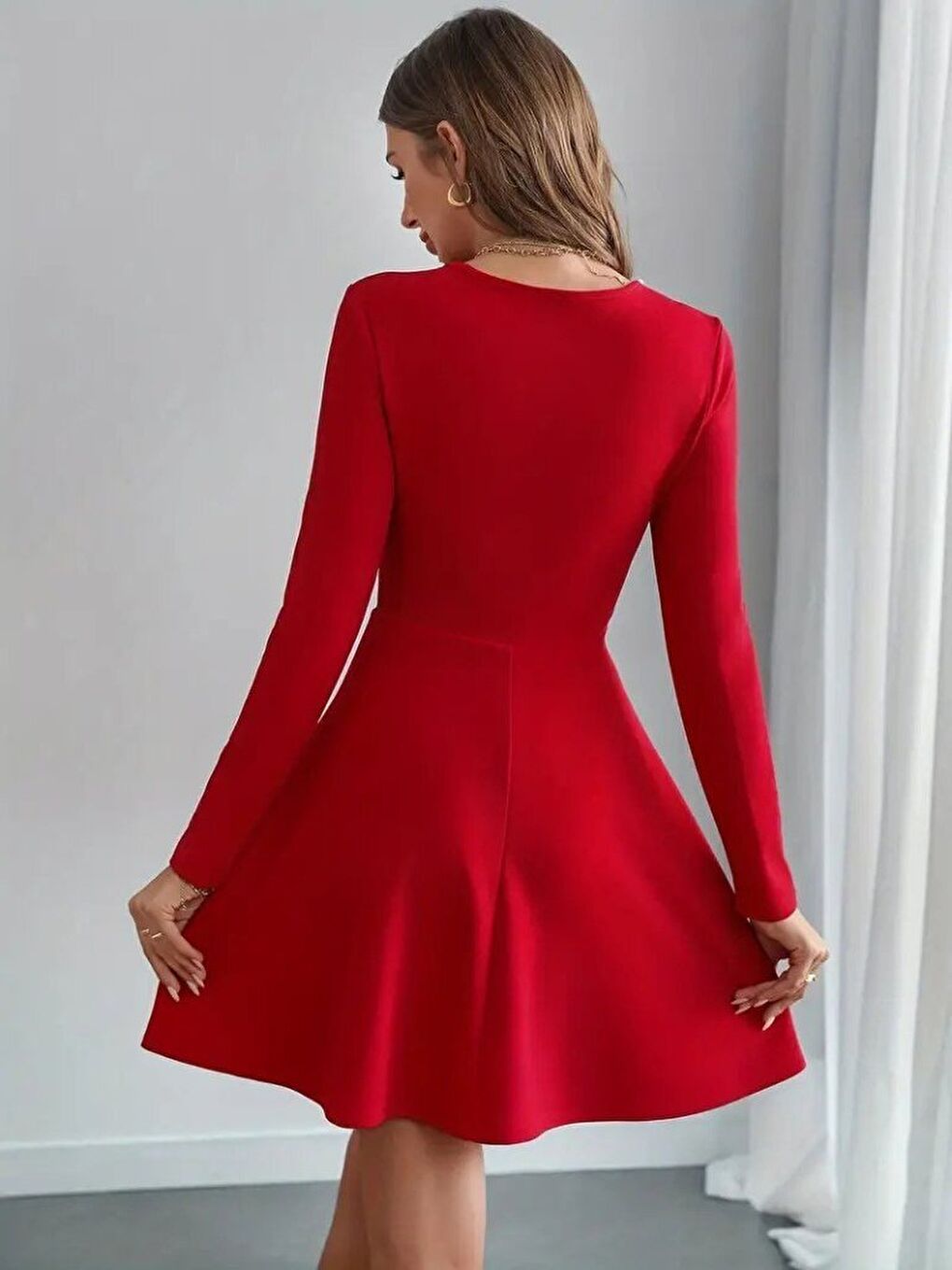 Kırmızı Kadın Uzun Kollu Inci Yakalı Kısa Ithal Krep Elbise-1