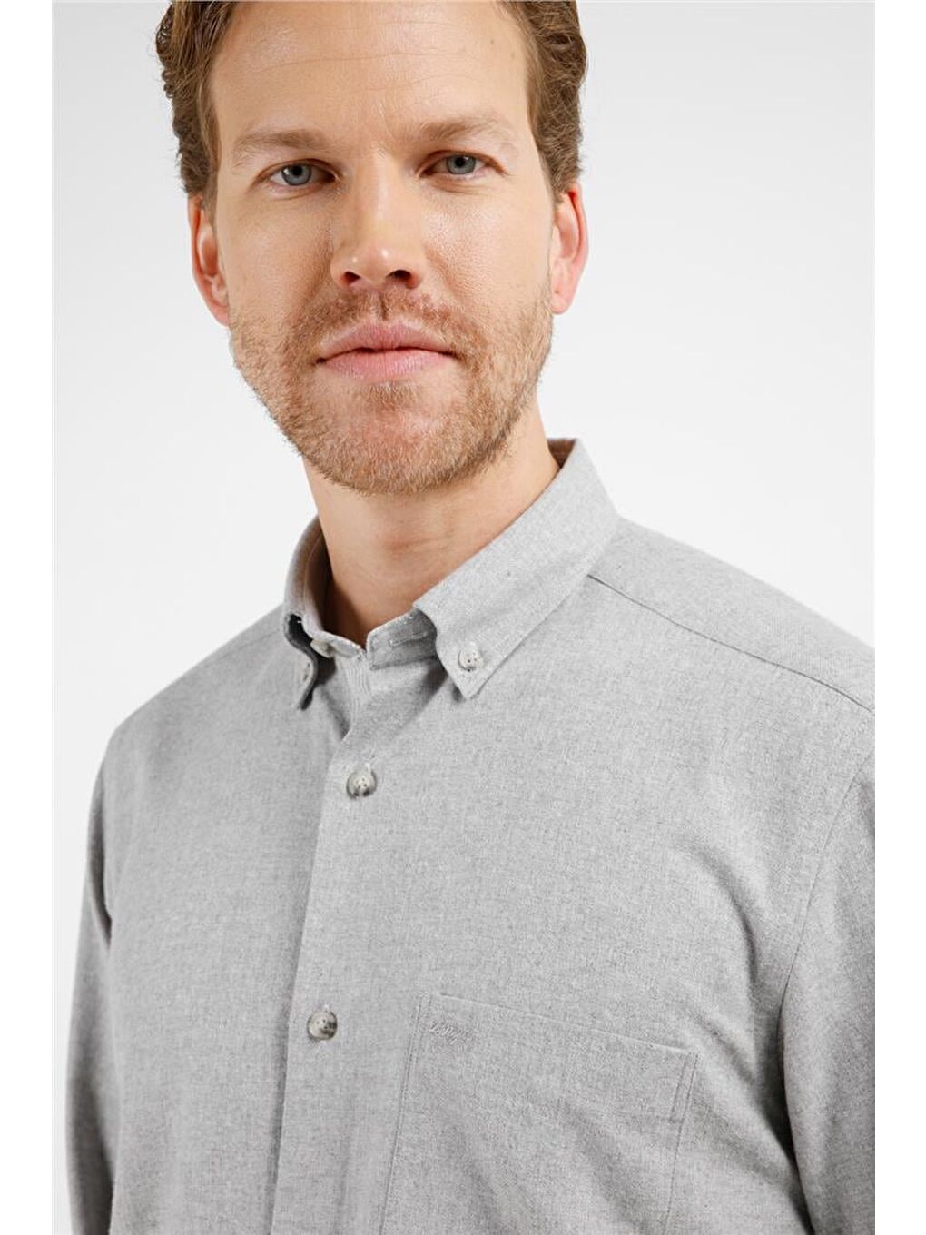 Gri Düğmeli Yaka Uzun Kol Cepli Comfort Fit Pamuklu Gömlek 1004255234-1