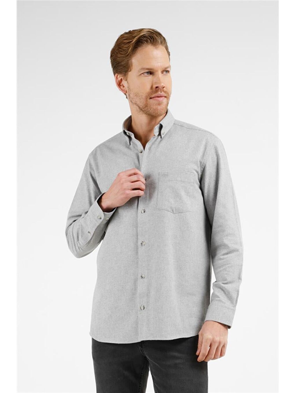 Gri Düğmeli Yaka Uzun Kol Cepli Comfort Fit Pamuklu Gömlek 1004255234-4