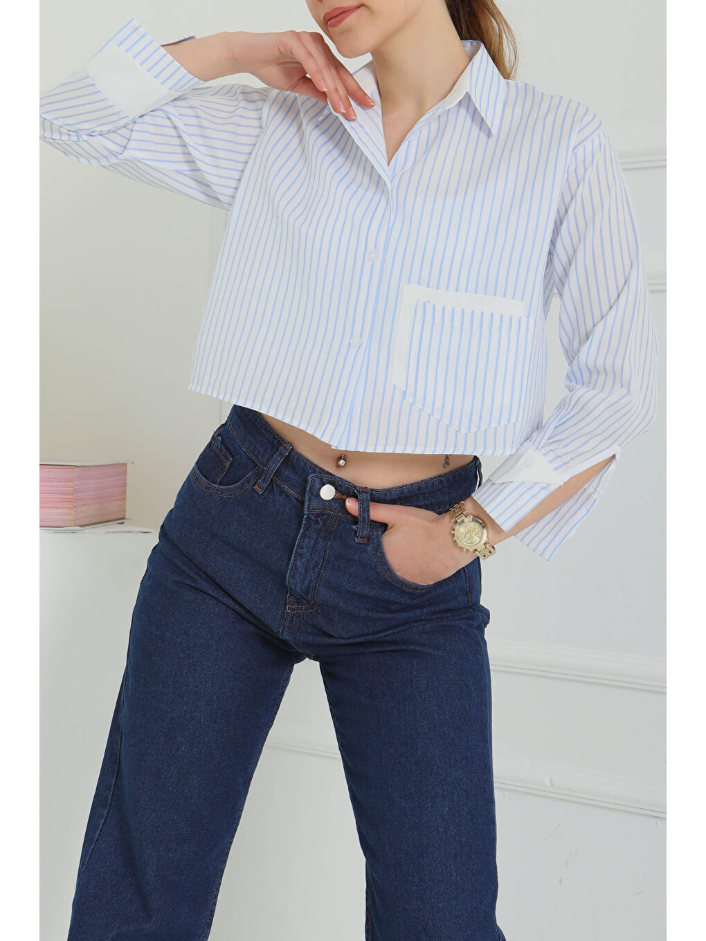 Çizgili Cepli Kısa Gömlek Bebe Mavi - 27083-1