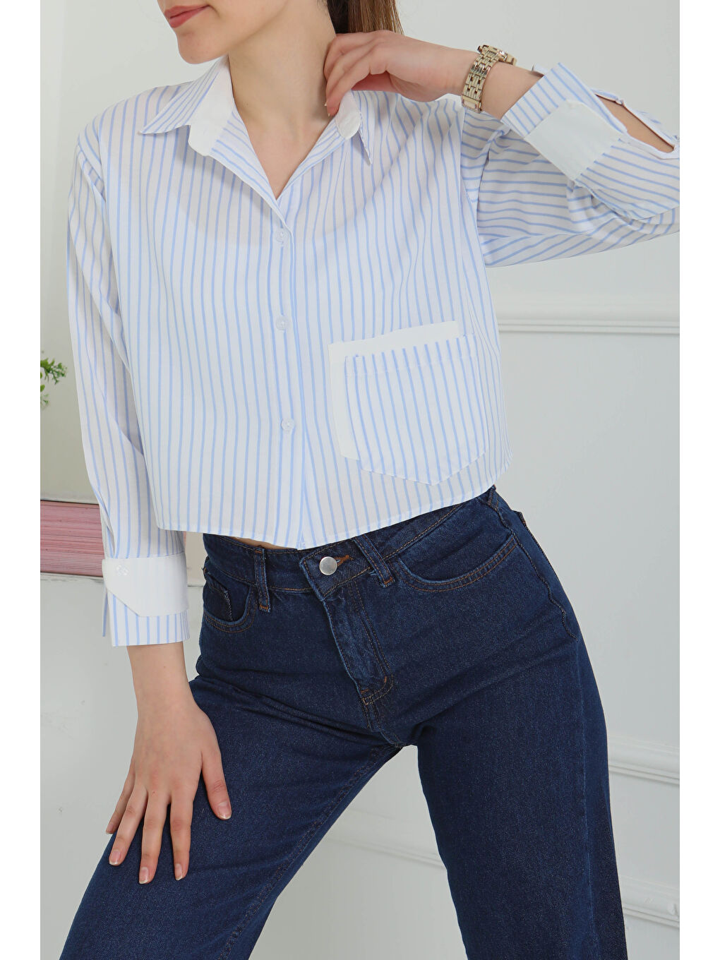 Çizgili Cepli Kısa Gömlek Bebe Mavi - 27083-2
