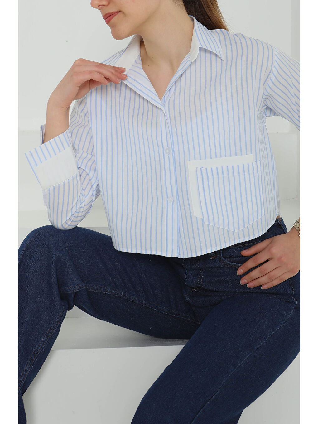 Çizgili Cepli Kısa Gömlek Bebe Mavi - 27083-3