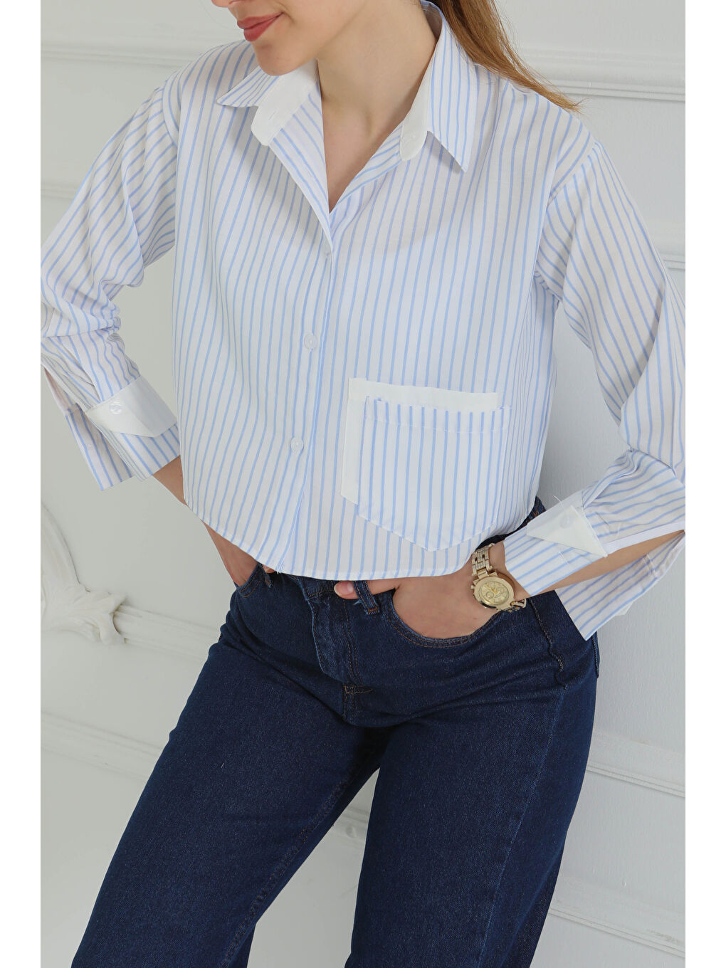 Çizgili Cepli Kısa Gömlek Bebe Mavi - 27083-4