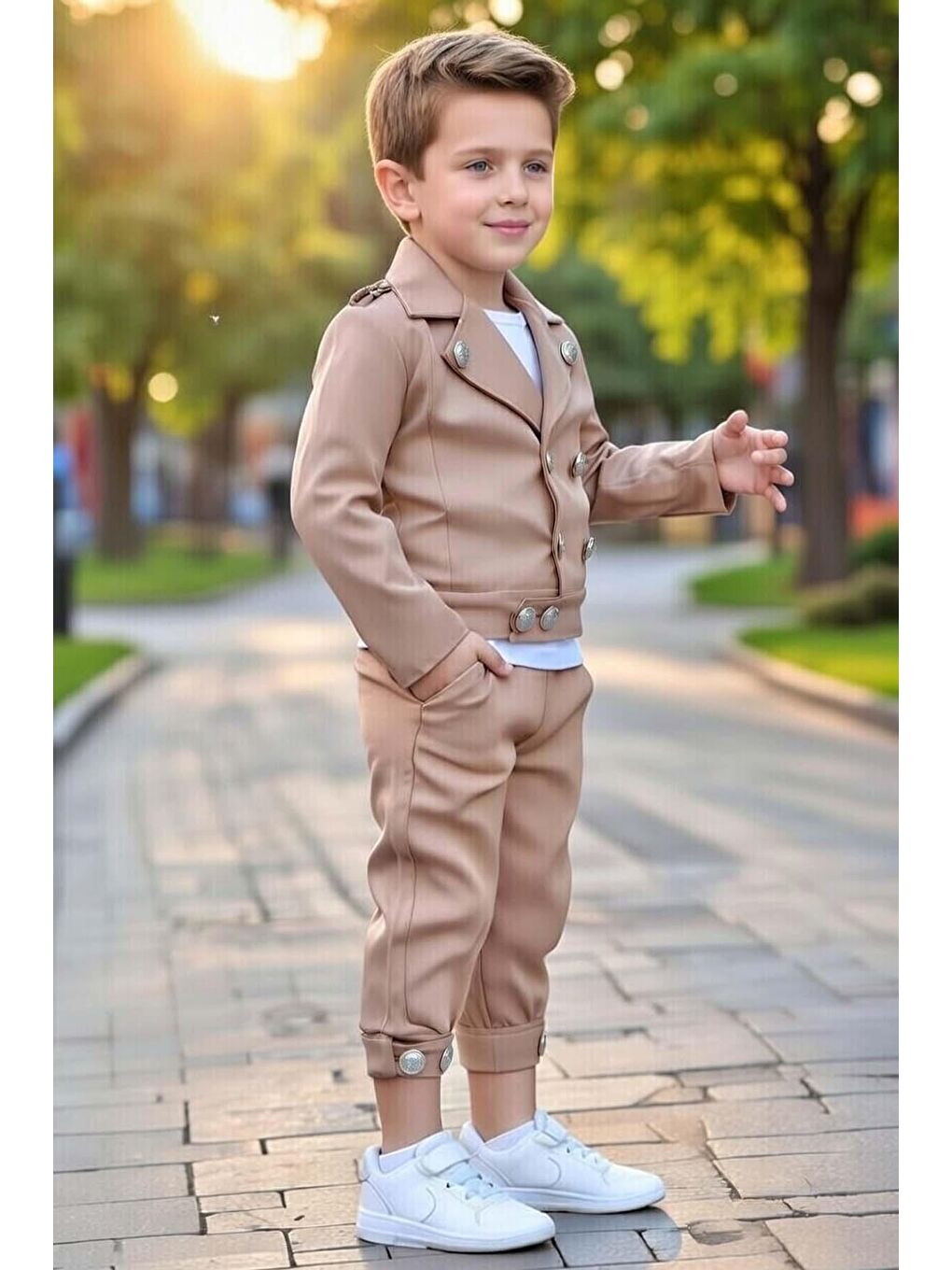 Kahverengi Erkek Çocuk Gold Düğme Detaylı Penye Ceket Dar Kesim Pantolon Kum Rengi Alt Üst Takım