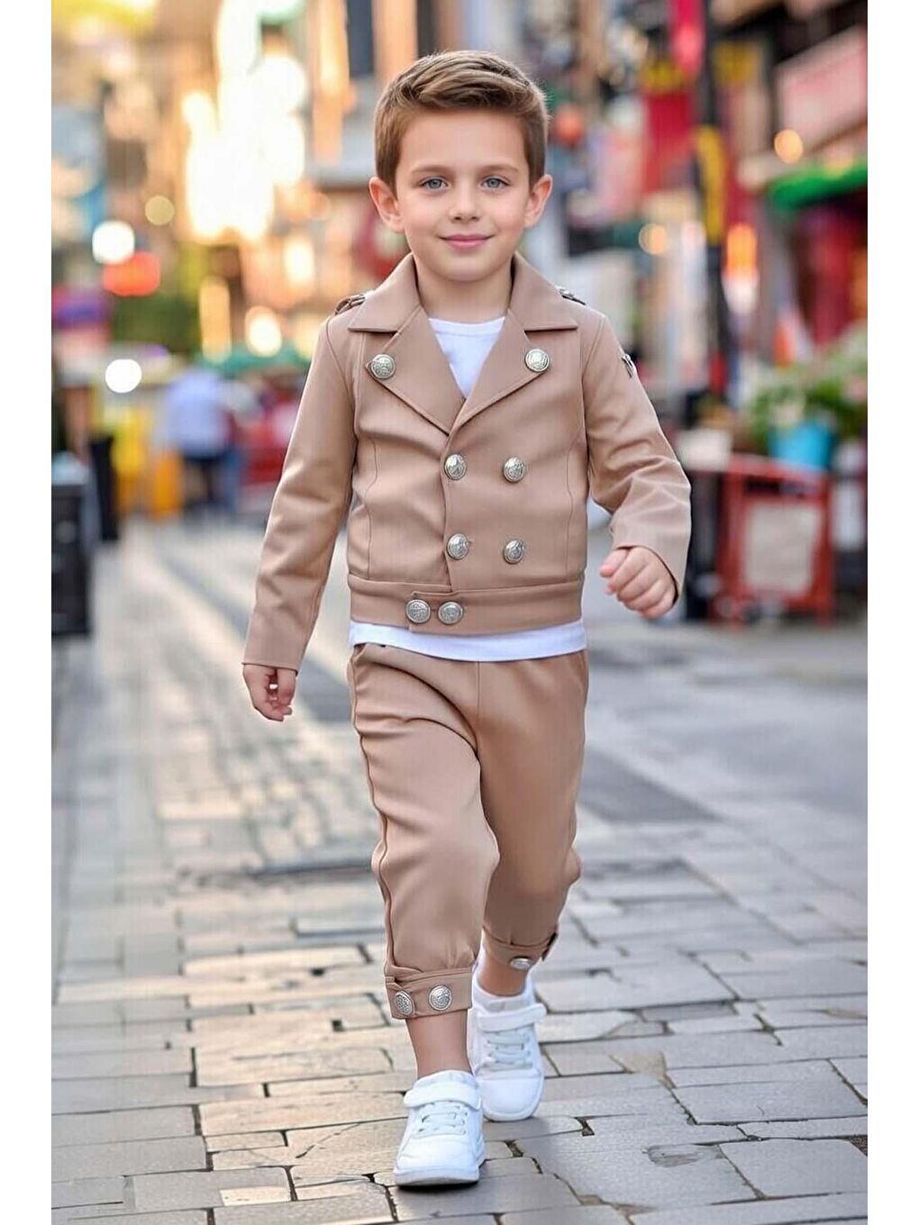Kahverengi Erkek Çocuk Gold Düğme Detaylı Penye Ceket Dar Kesim Pantolon Kum Rengi Alt Üst Takım-1
