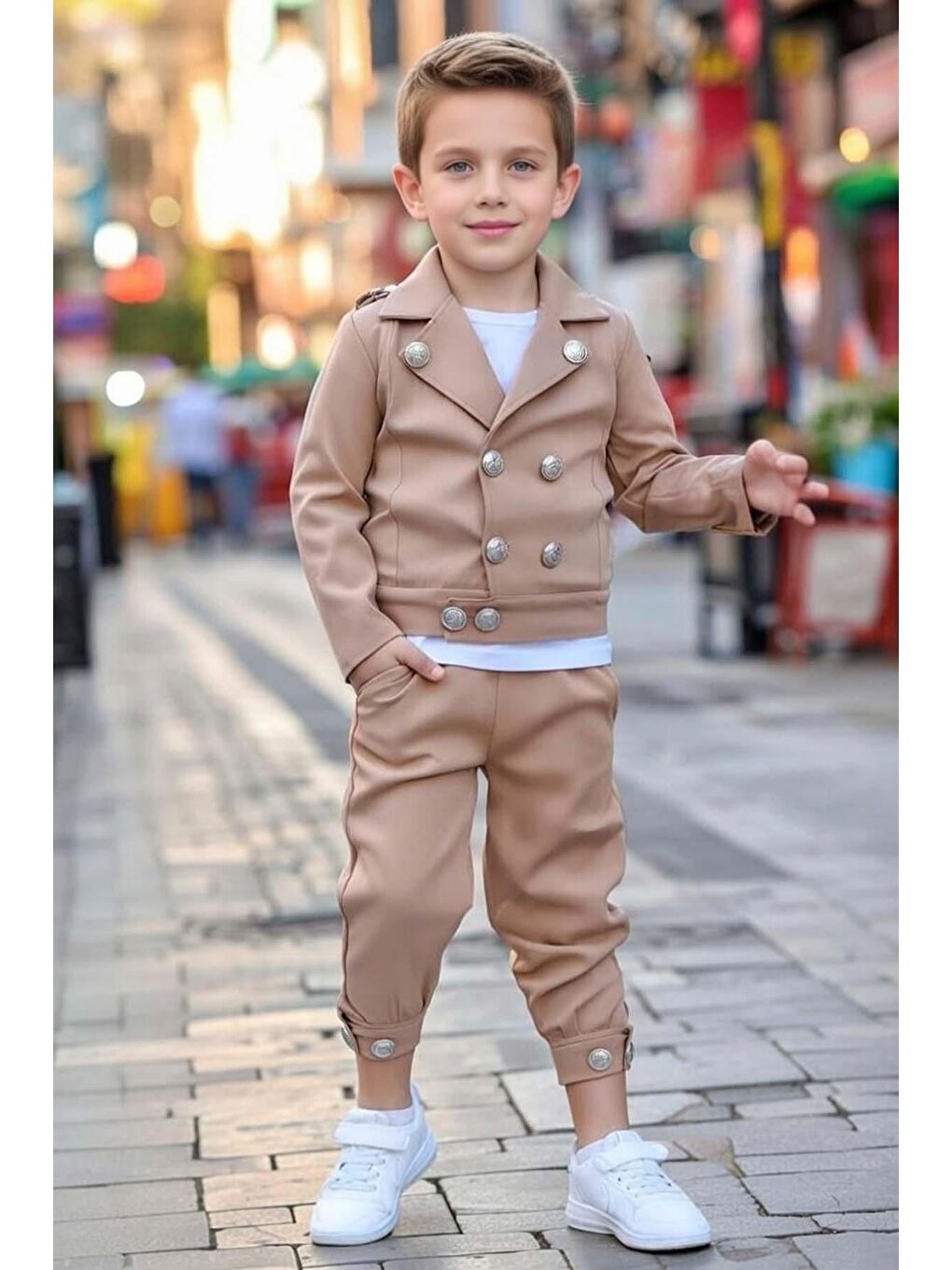 Kahverengi Erkek Çocuk Gold Düğme Detaylı Penye Ceket Dar Kesim Pantolon Kum Rengi Alt Üst Takım-2