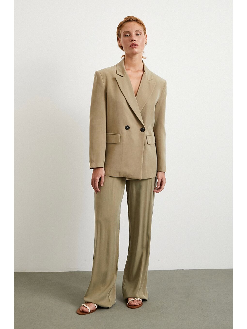 Çift Düğmeli Keten Blazer Ceket Haki