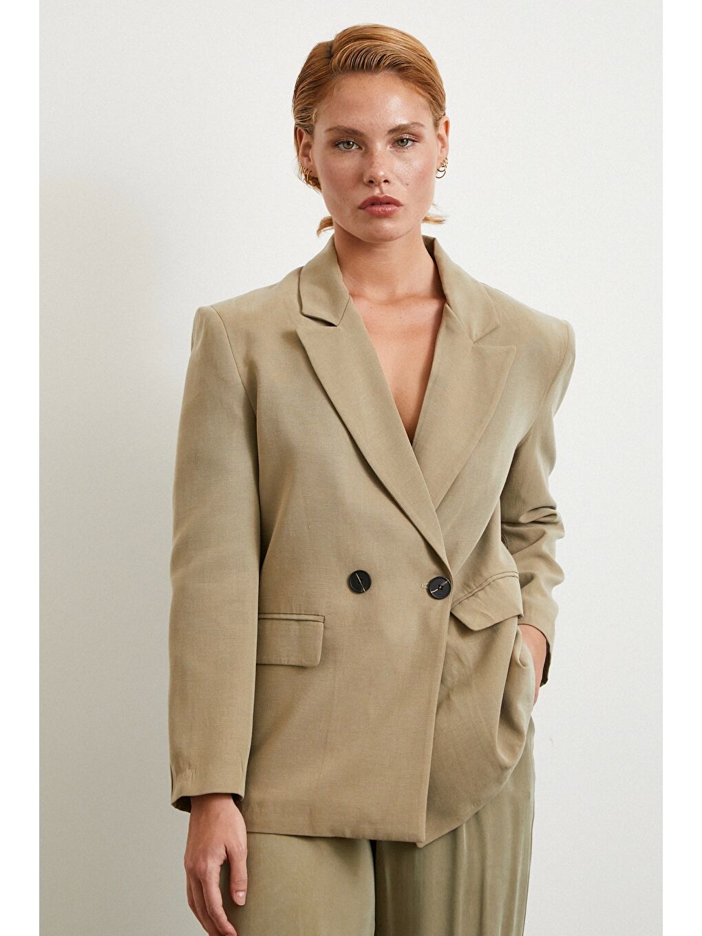 Çift Düğmeli Keten Blazer Ceket Haki-1