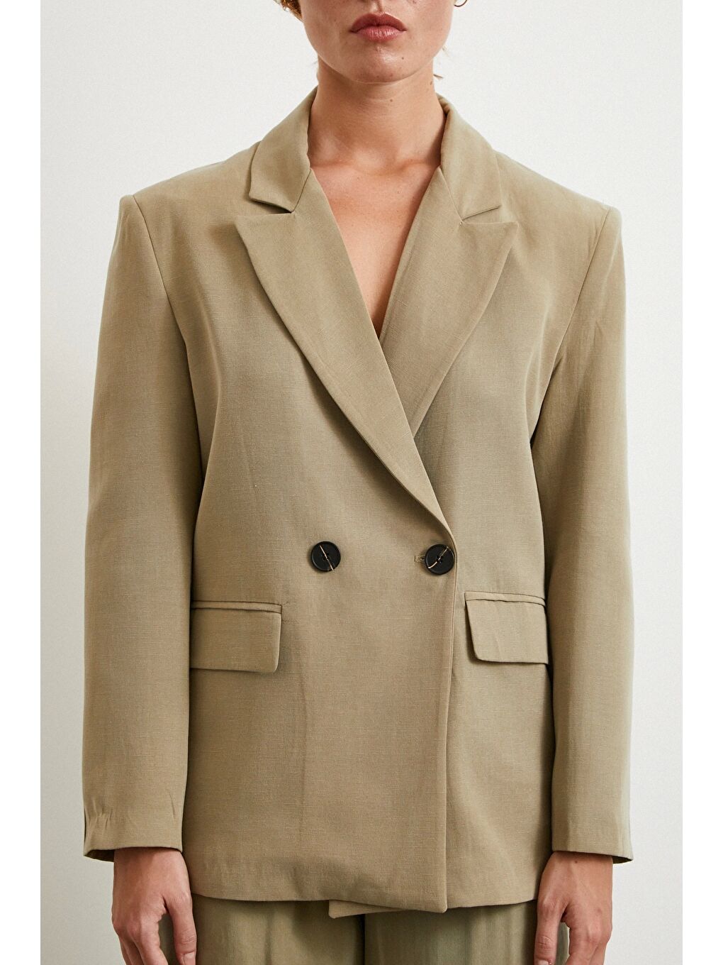 Çift Düğmeli Keten Blazer Ceket Haki-2