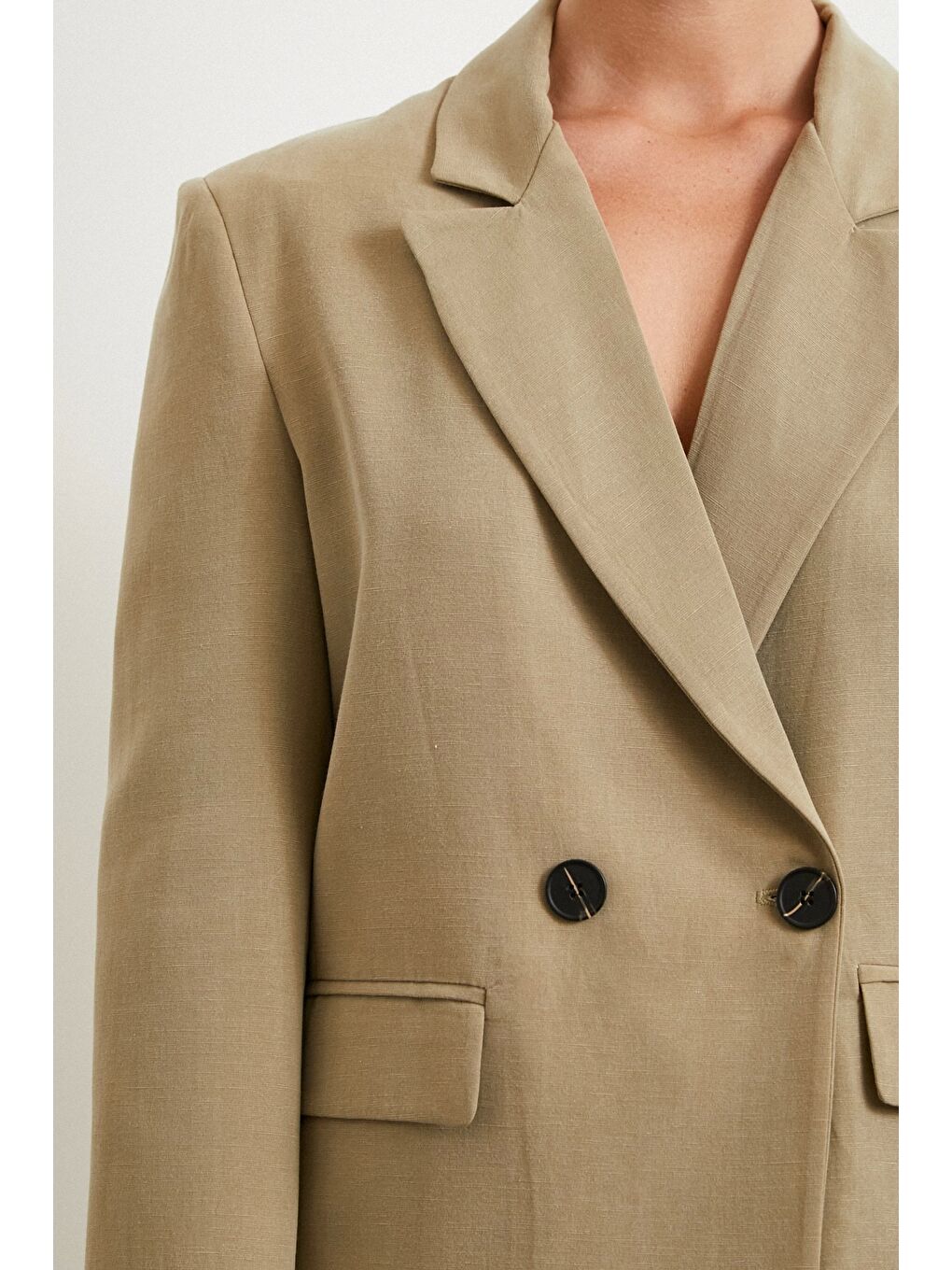 Çift Düğmeli Keten Blazer Ceket Haki-3