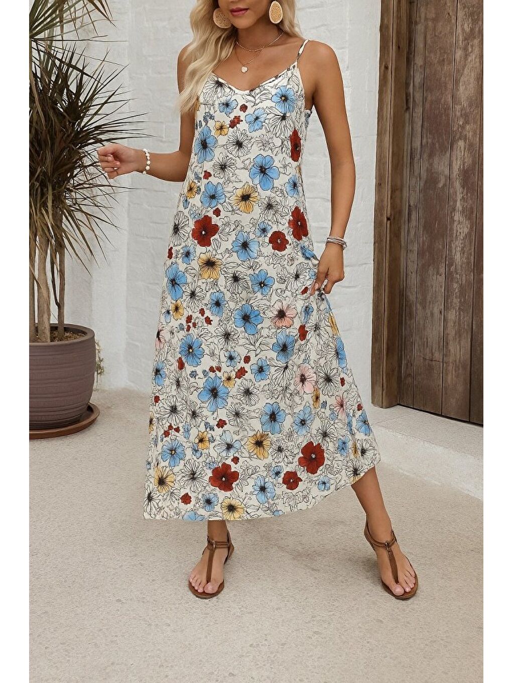 Pembe Kadın Ip Askılı Geniş V Yakalı Desenli Süprem Elbise