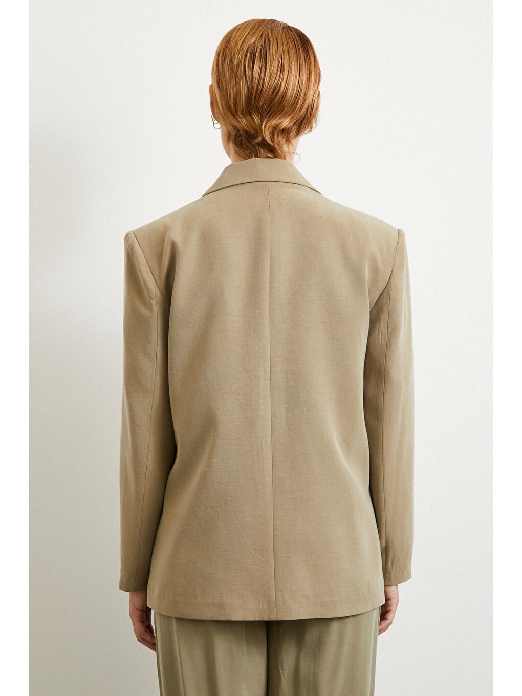 Çift Düğmeli Keten Blazer Ceket Haki-4