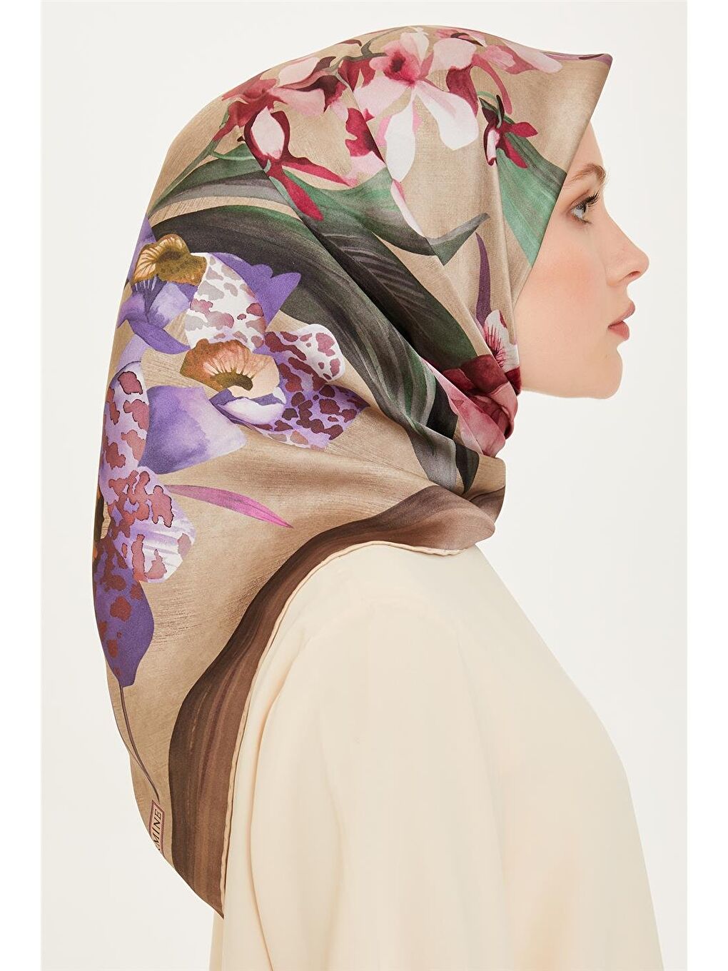 Karışık Çiçek Desenli Twill Saf İpek Eşarp 9215D 34 35-1