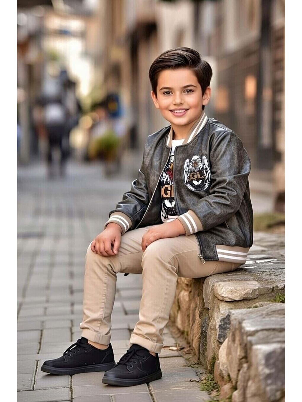 Bej Erkek Çocuk Bisiklet Yaka Eagles Baskılı T-shirt Sırt Baskılı Deri Ceket Alt Üst Takım-1