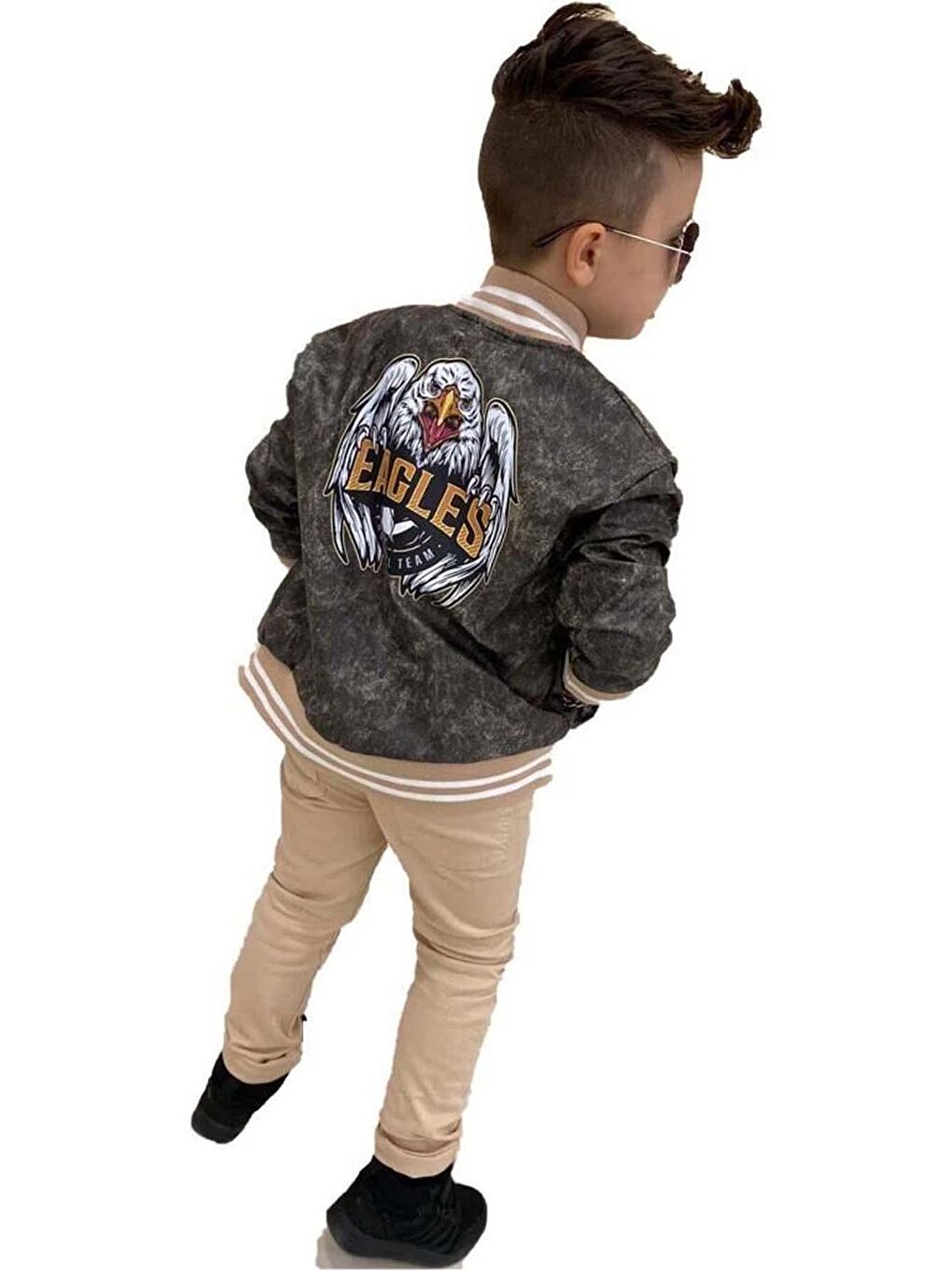 Bej Erkek Çocuk Bisiklet Yaka Eagles Baskılı T-shirt Sırt Baskılı Deri Ceket Alt Üst Takım-2