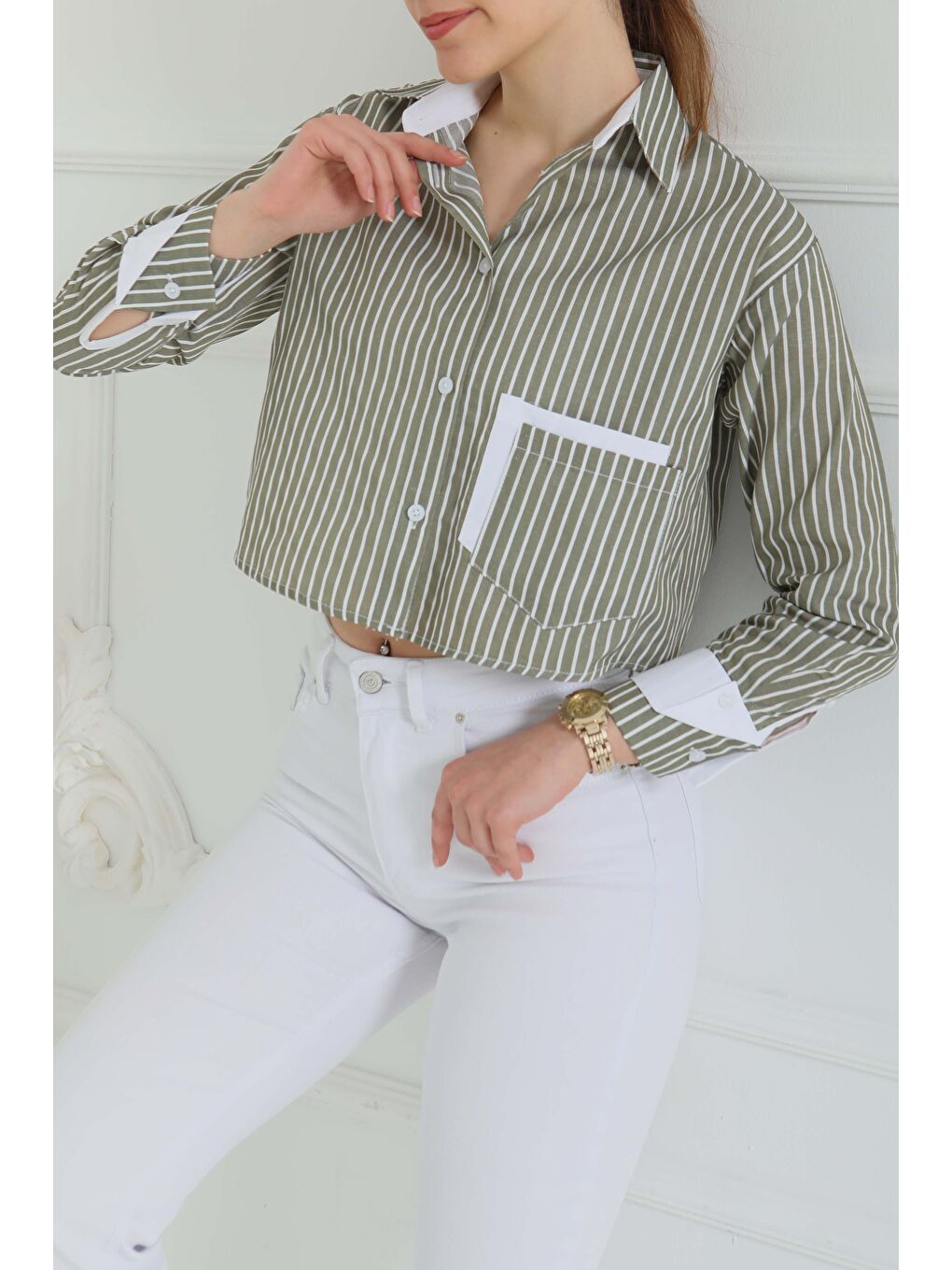 Çizgili Cepli Kısa Gömlek Haki - 27083-1