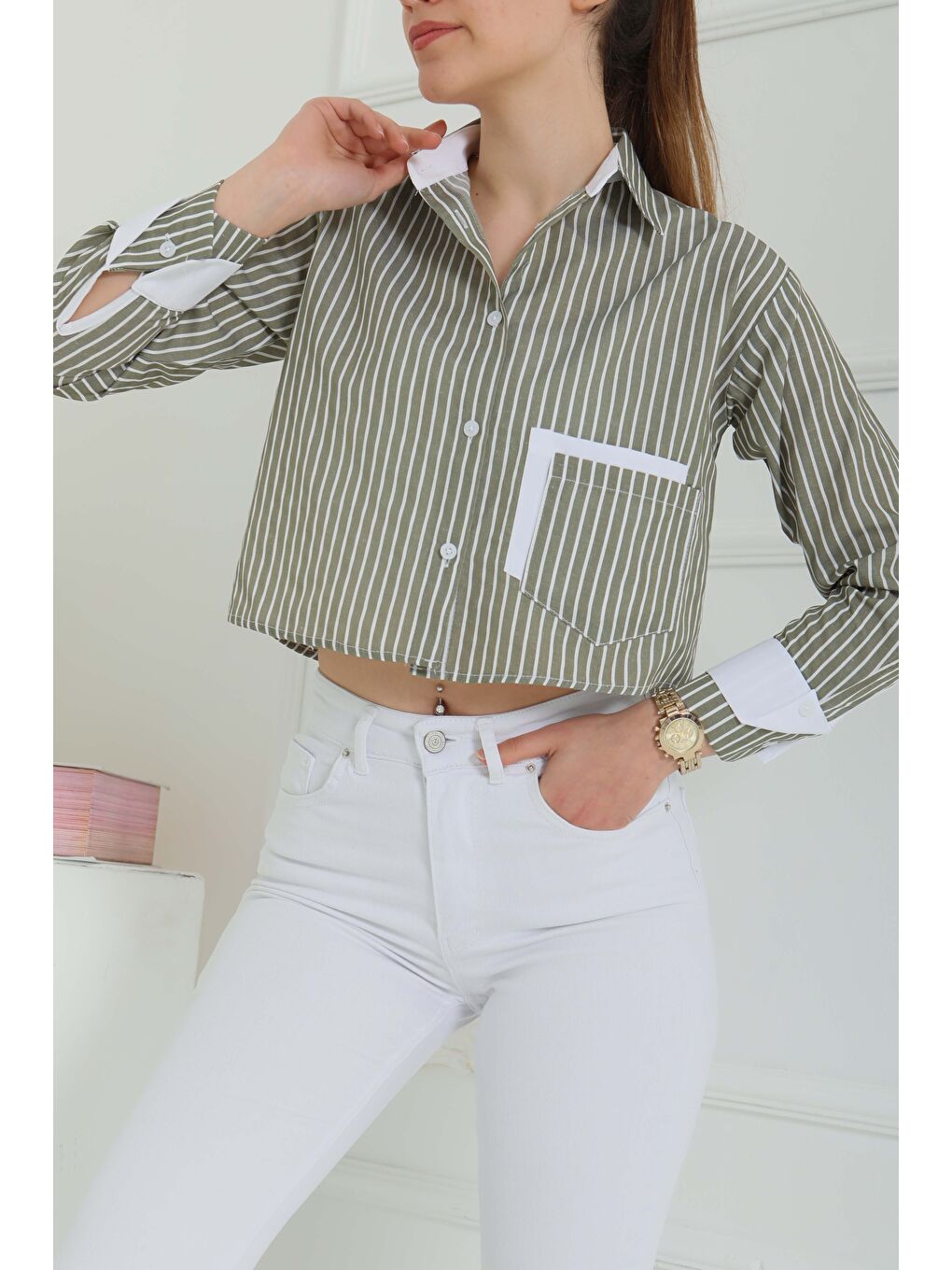 Çizgili Cepli Kısa Gömlek Haki - 27083-2