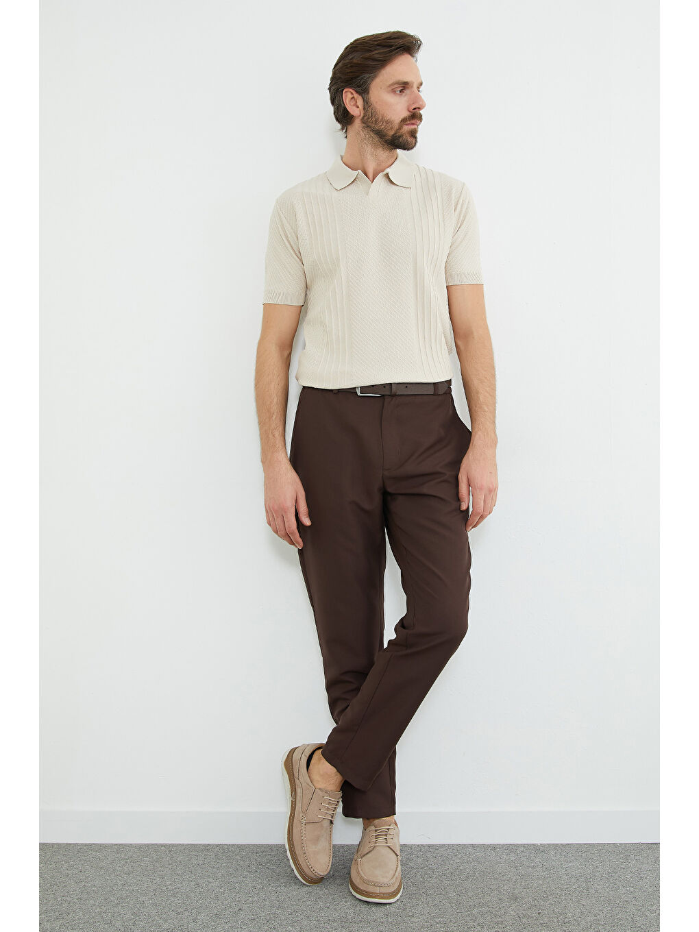 Bej Fitilli Apaş Yaka Triko Tişört-2