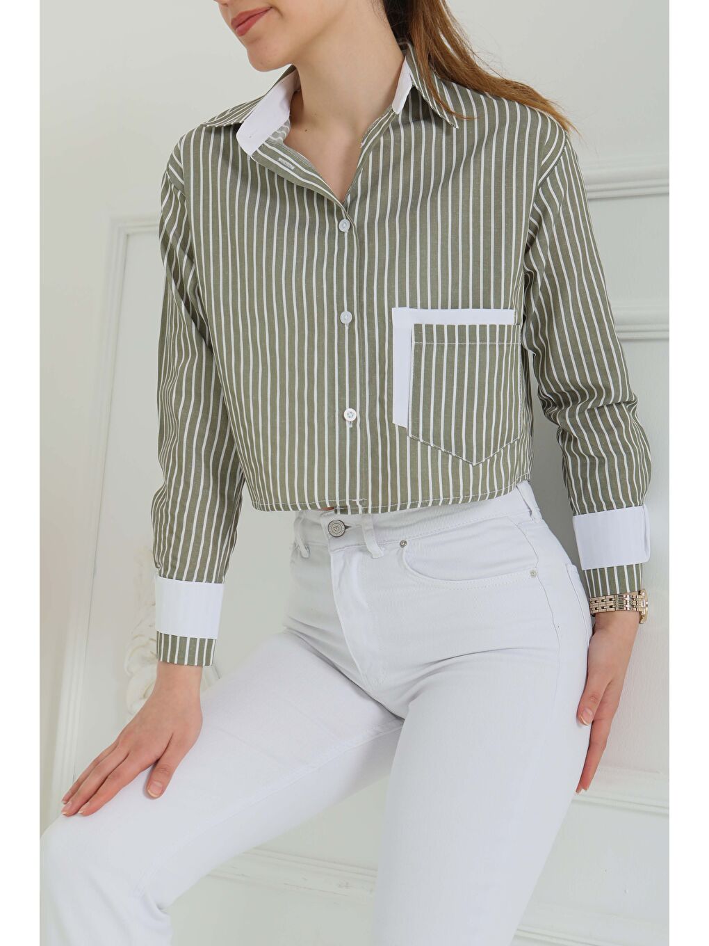 Çizgili Cepli Kısa Gömlek Haki - 27083-3