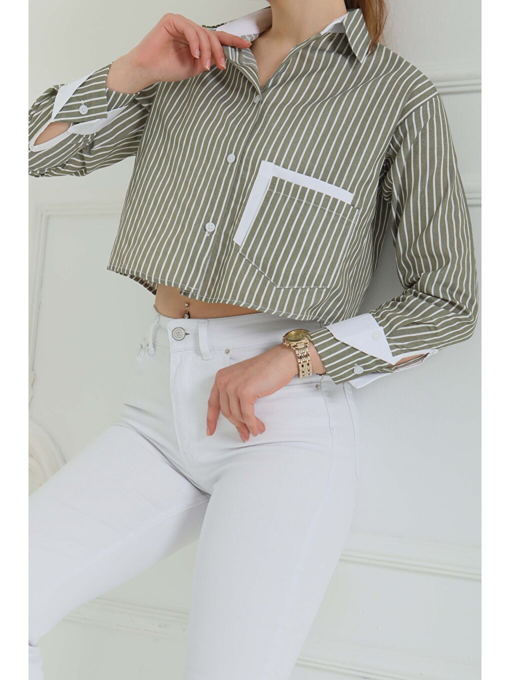 Çizgili Cepli Kısa Gömlek Haki - 27083-4