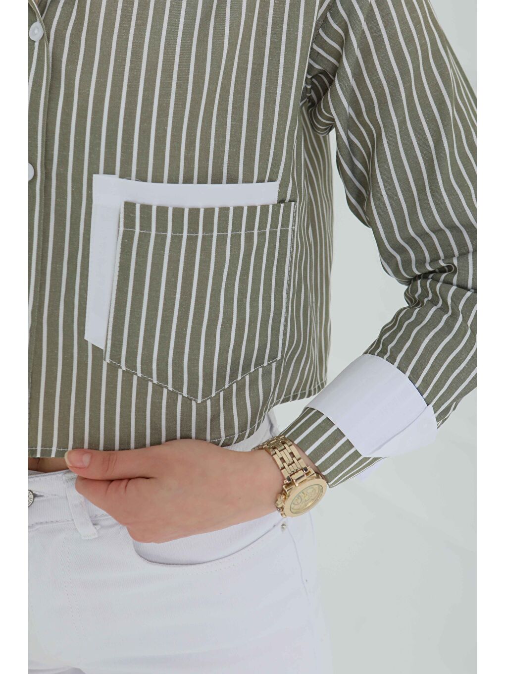 Çizgili Cepli Kısa Gömlek Haki - 27083-5
