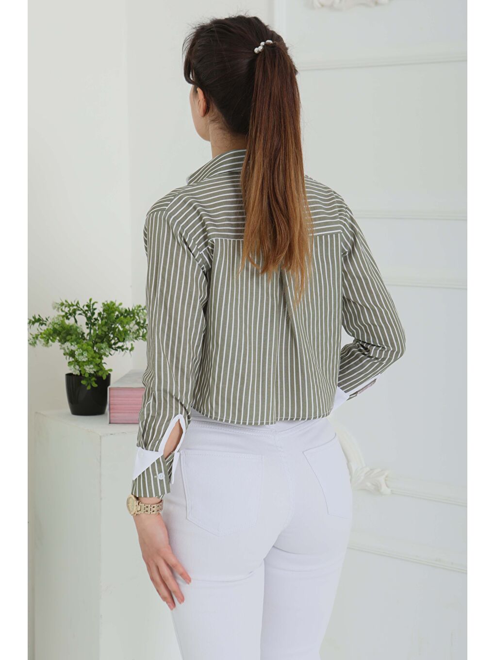 Çizgili Cepli Kısa Gömlek Haki - 27083-6