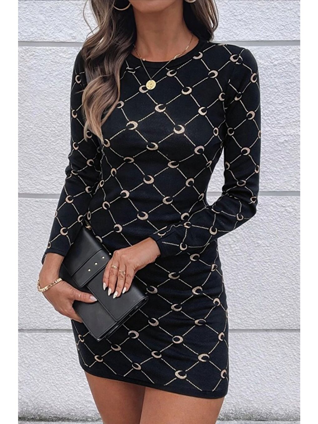 Siyah Kadın Bisiklet Yaka Uzun Kol Triko Mini Boy Elbise