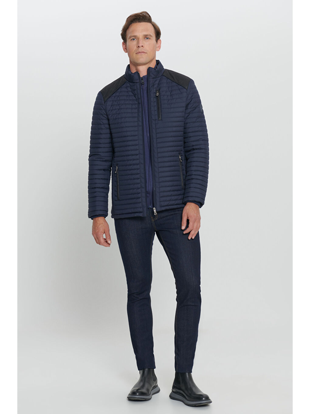 Erkek Lacivert Standart Fit Normal Kesim Dik Yaka Mont-1