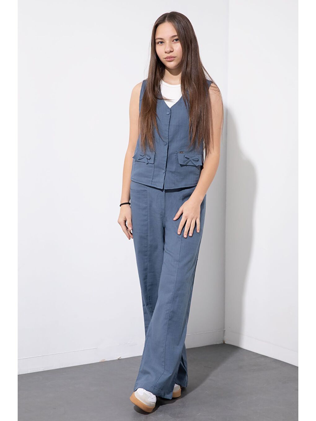 İndigo Cepli Keten Yelekli Yüksek Bel Pantolonlu Kız Çocuk Alt Üst Takım 23547