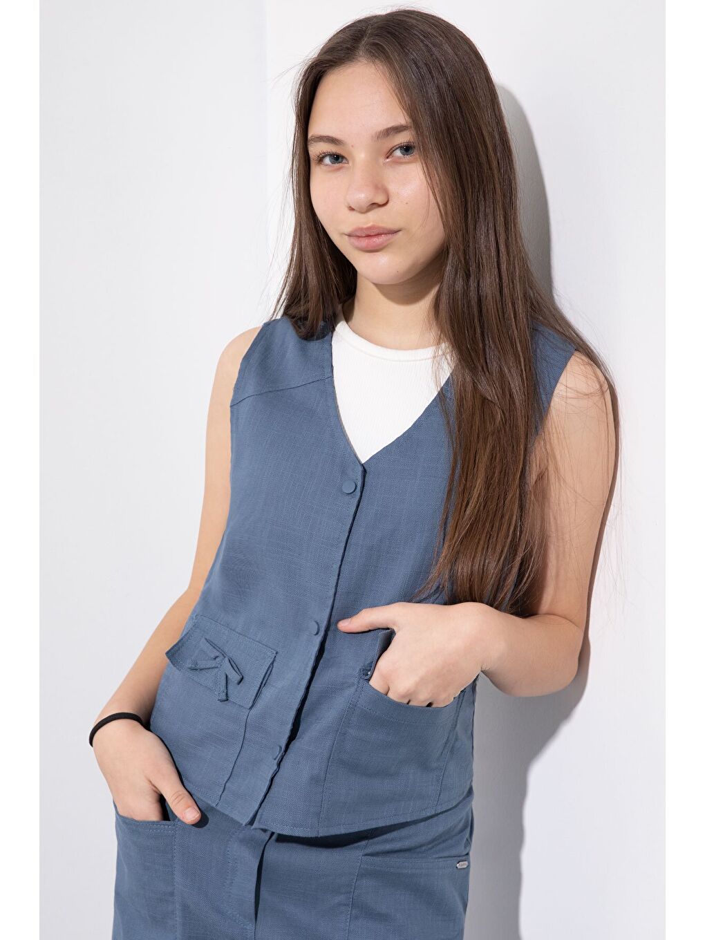 İndigo Cepli Keten Yelekli Yüksek Bel Pantolonlu Kız Çocuk Alt Üst Takım 23547-1