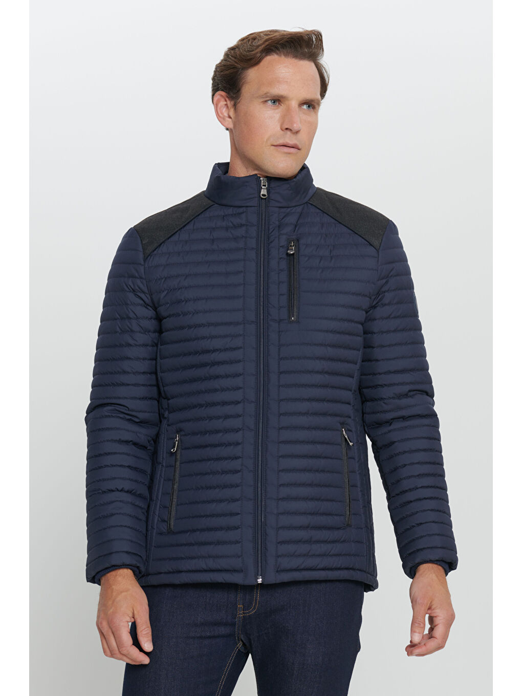 Erkek Lacivert Standart Fit Normal Kesim Dik Yaka Mont-3