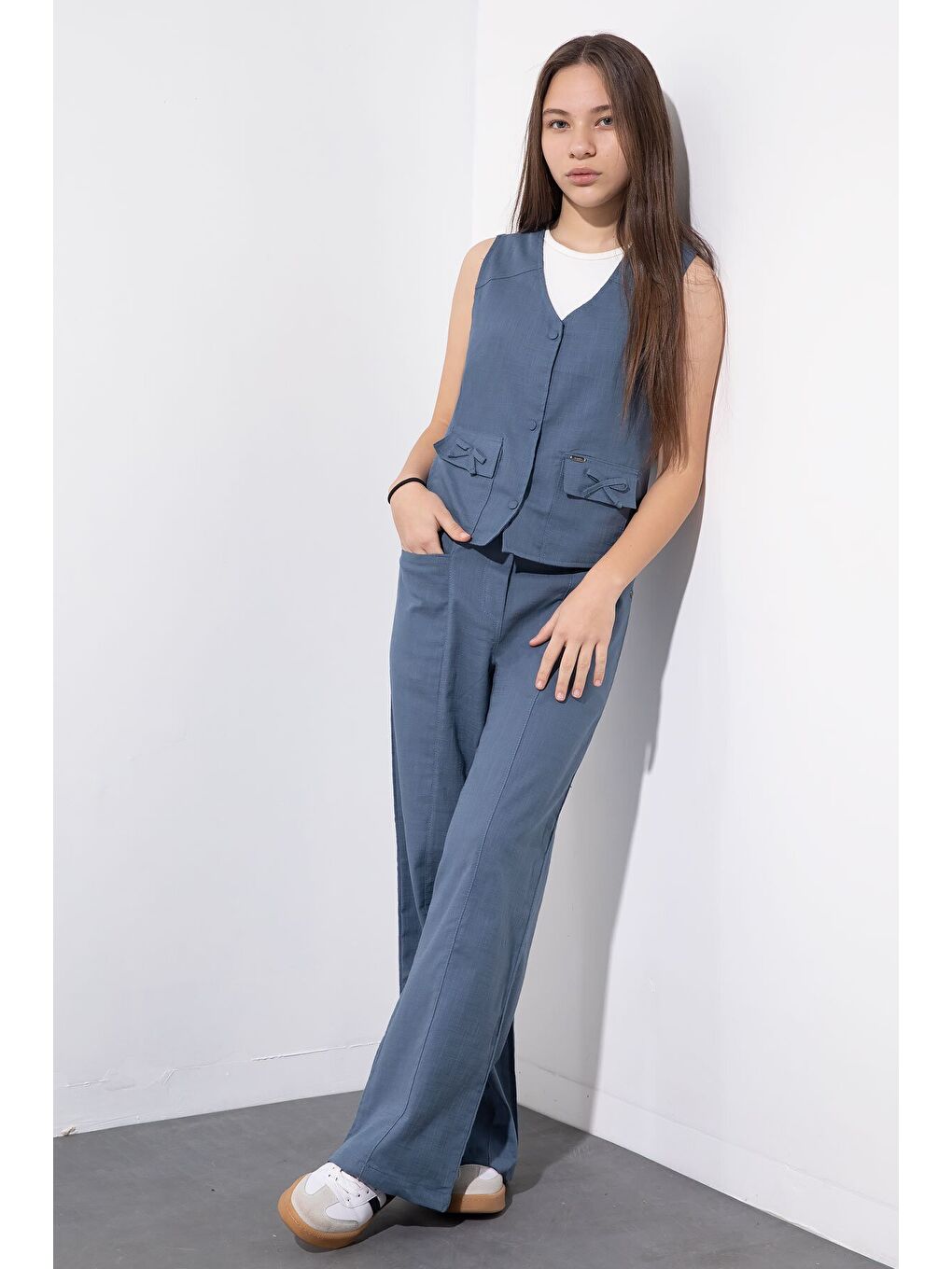 İndigo Cepli Keten Yelekli Yüksek Bel Pantolonlu Kız Çocuk Alt Üst Takım 23547-3