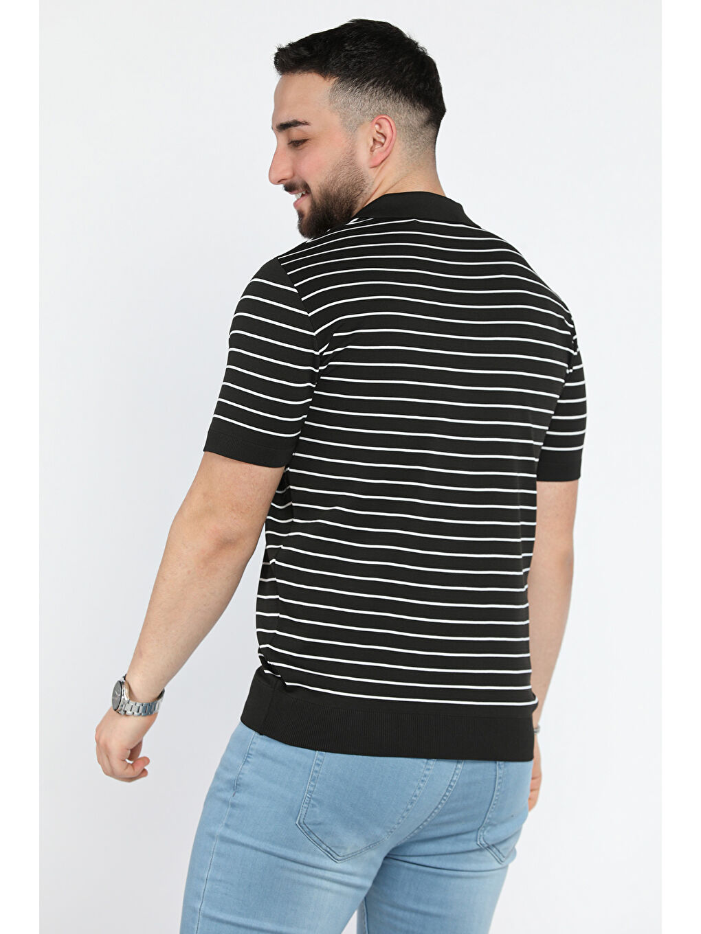 Siyah Erkek Polo Yaka Çizgi Desenli Yarım Fermuarlı Triko Tişört-2