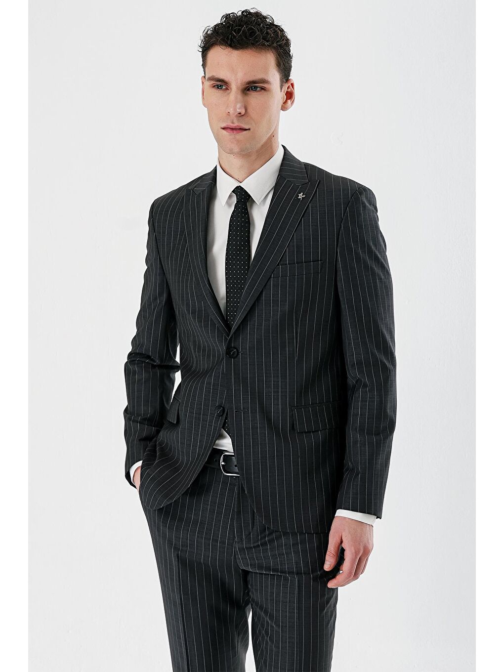 Gri Füme Çizgili Kırlangıç Yaka Yünlü Elastanlı 6 Drop Slim Dar Kesim Klasik Takım Elbise 1001240159