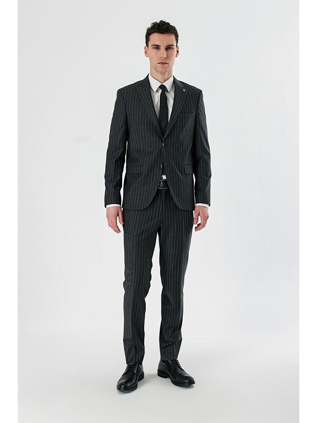 Gri Füme Çizgili Kırlangıç Yaka Yünlü Elastanlı 6 Drop Slim Dar Kesim Klasik Takım Elbise 1001240159-1