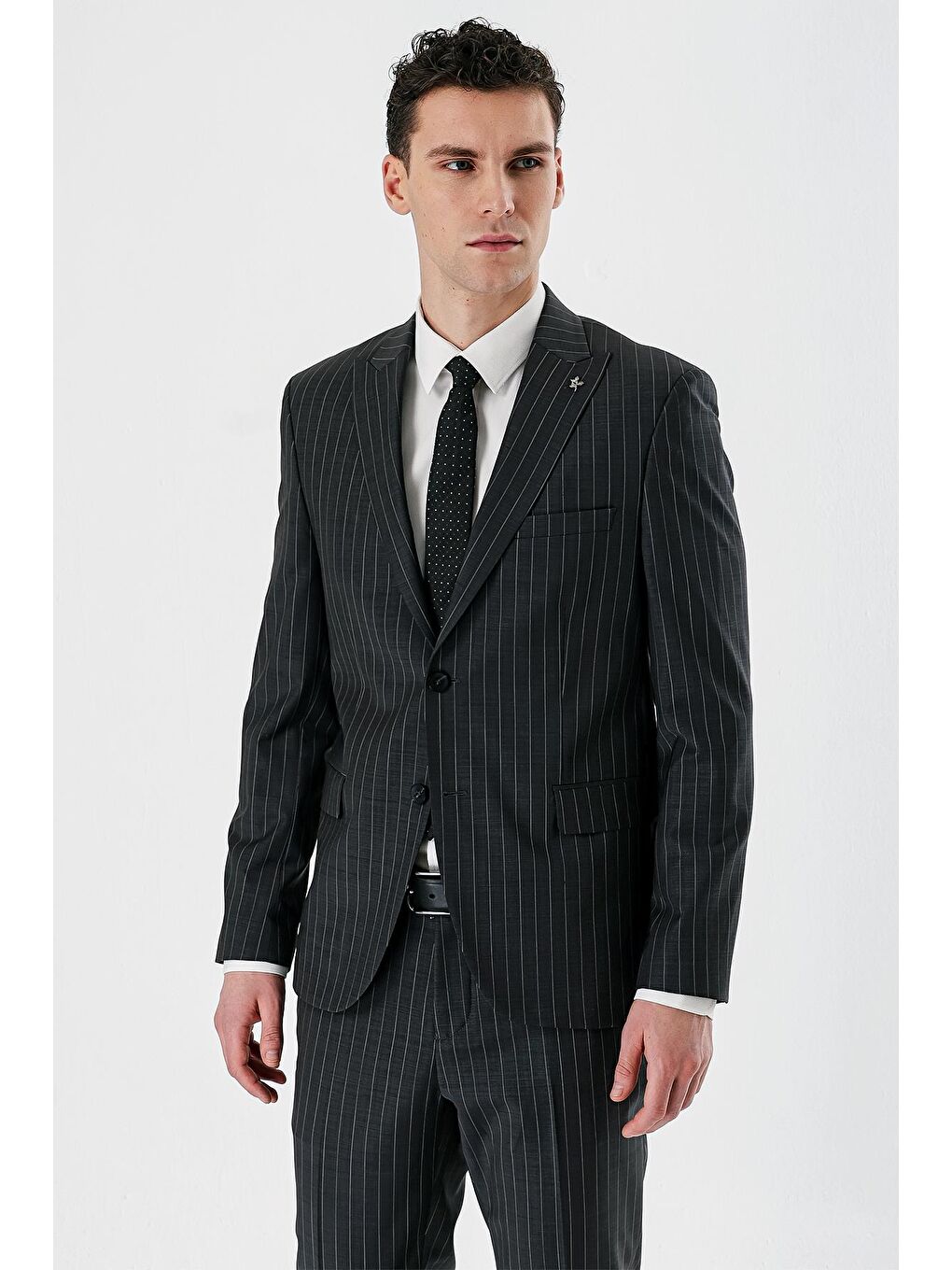 Gri Füme Çizgili Kırlangıç Yaka Yünlü Elastanlı 6 Drop Slim Dar Kesim Klasik Takım Elbise 1001240159-2