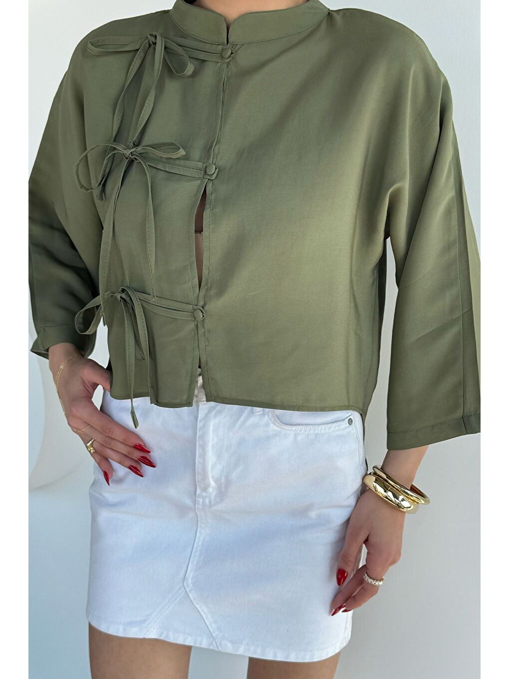 Haki Kadın Modal Kumaş Oversize Bluz-1