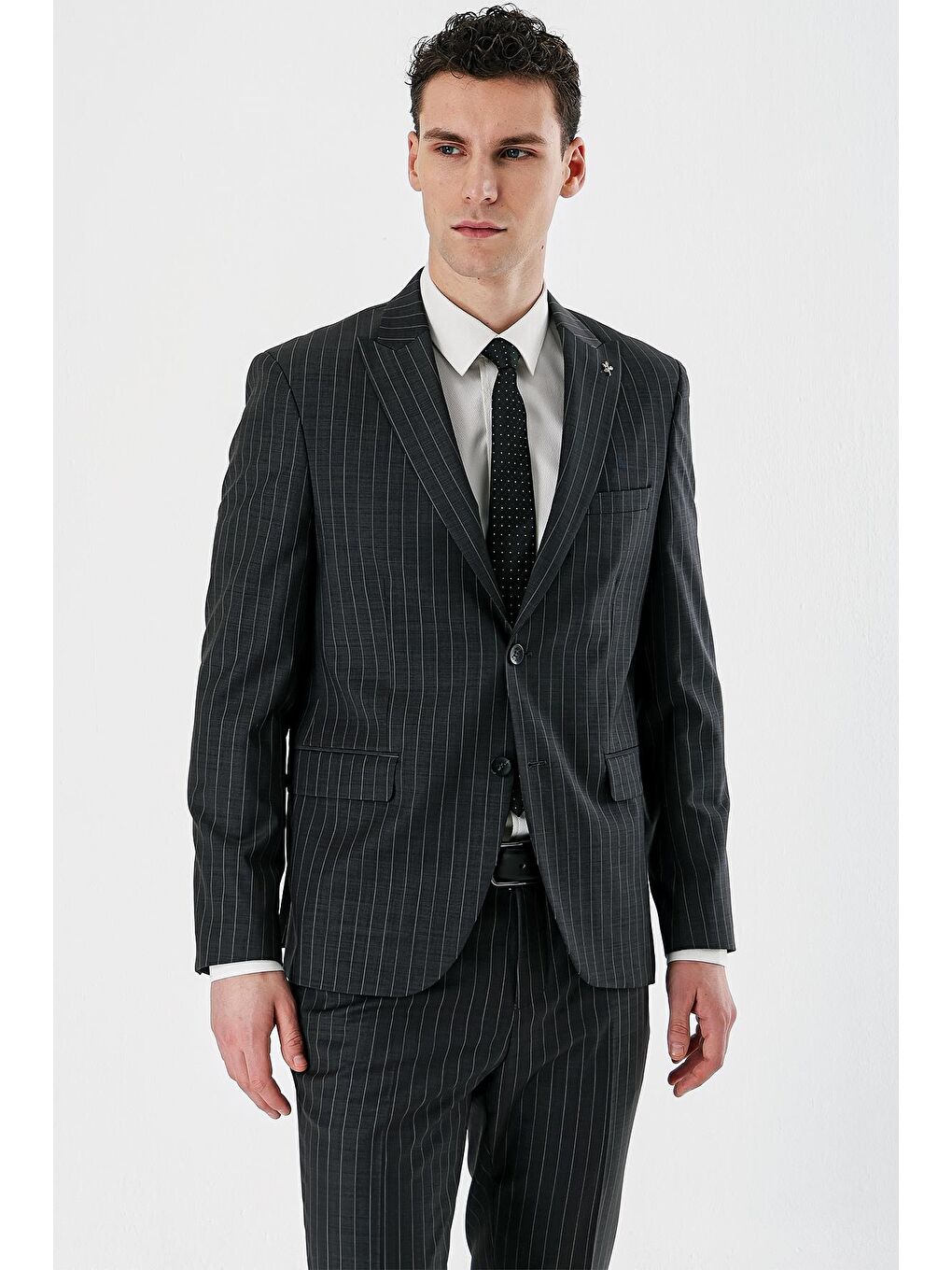 Gri Füme Çizgili Kırlangıç Yaka Yünlü Elastanlı 6 Drop Slim Dar Kesim Klasik Takım Elbise 1001240159-4