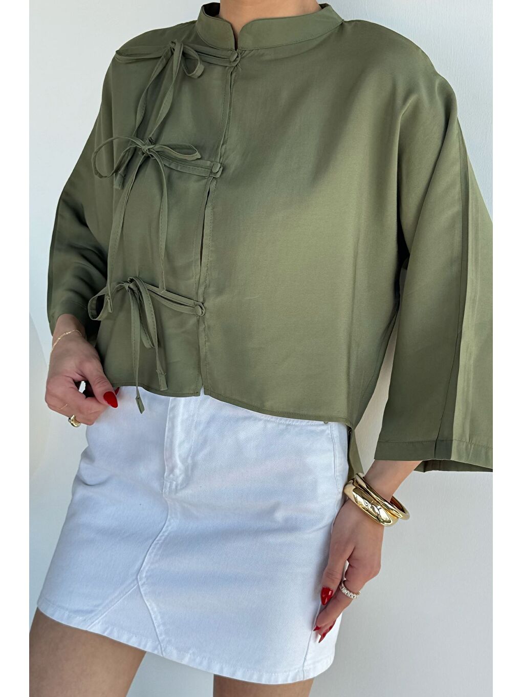 Haki Kadın Modal Kumaş Oversize Bluz-2