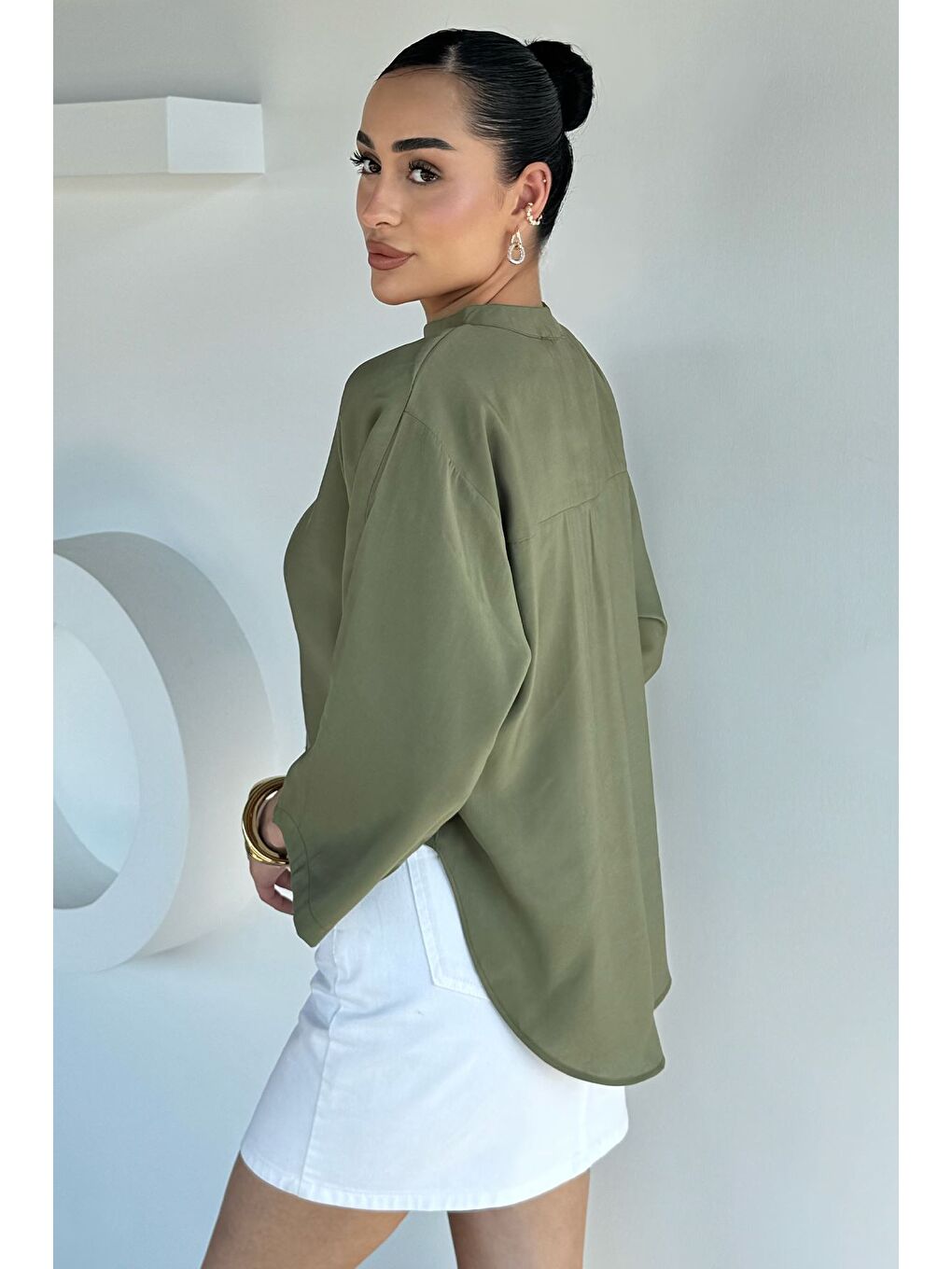 Haki Kadın Modal Kumaş Oversize Bluz-3