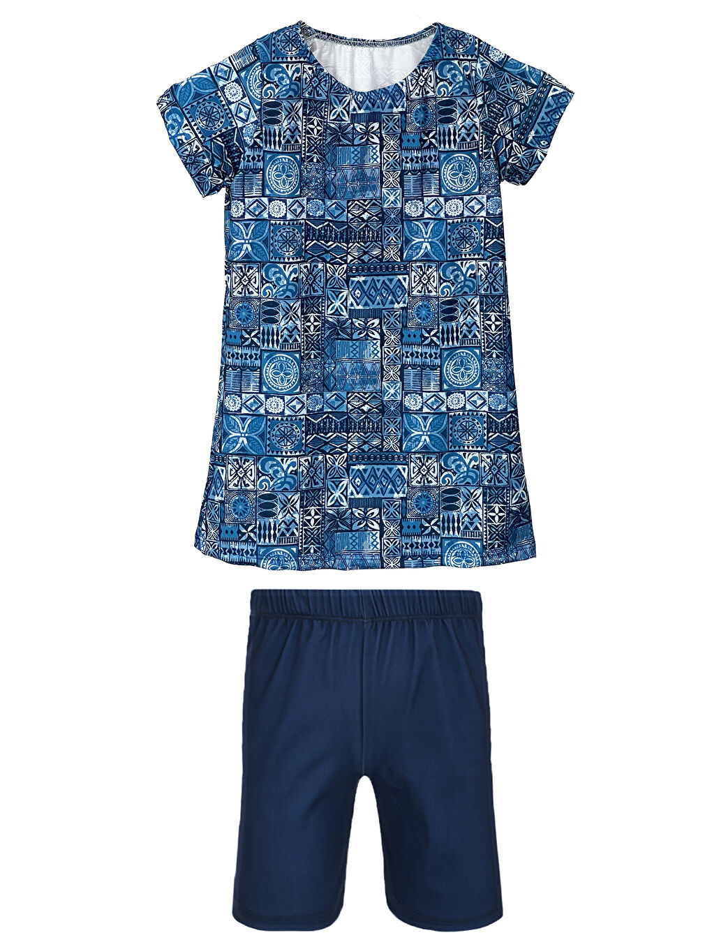 Lacivert Kız Çocuk Kısa Kollu Elastanlı Taytlı Yarı Kapalı Mayo R5005 Rabia