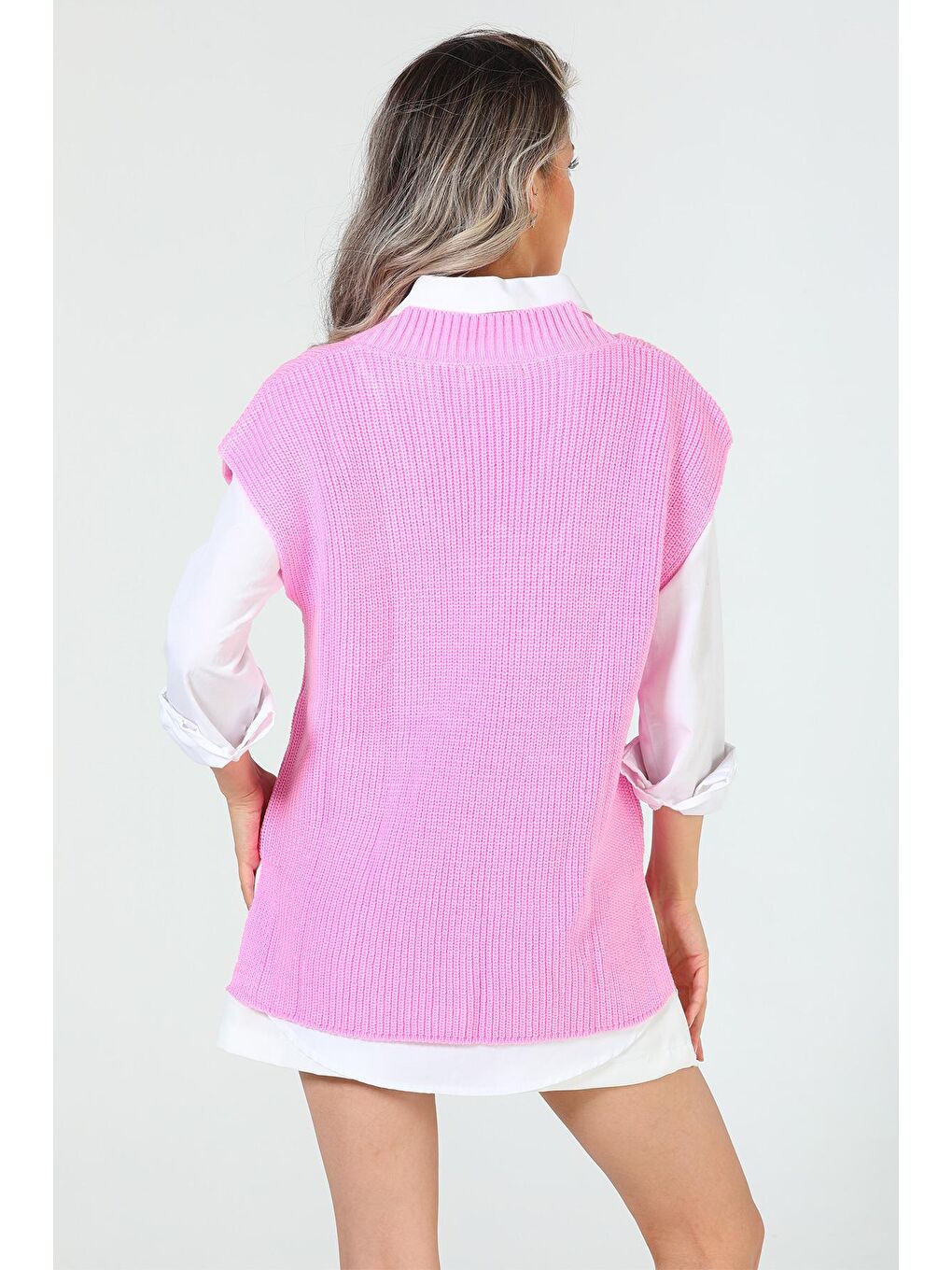 Pembe Kadın V Yaka Yan Yırtmaçlı Triko Süvete-7